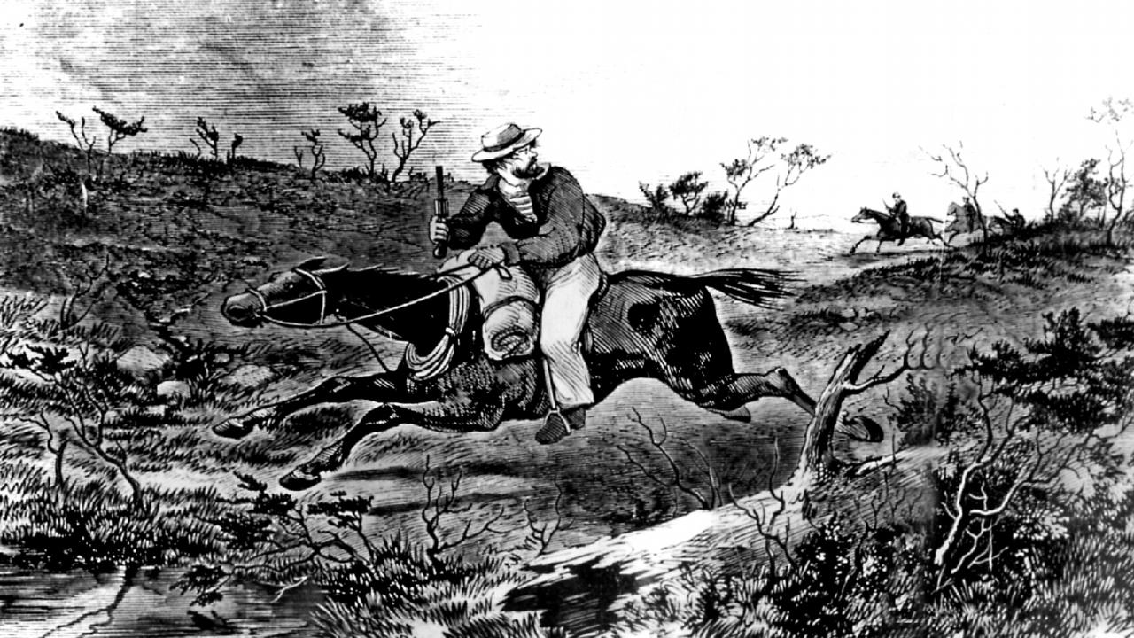 Artist's impression of bushranger Frank Gardiner (1829-1907) being pursued by police in 1860s.