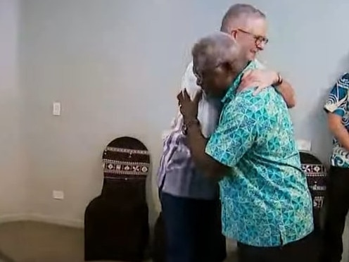 Mr Albanese and Mr Sogavare embraced as they met for the first time on Wednesday. Picture: ABC News