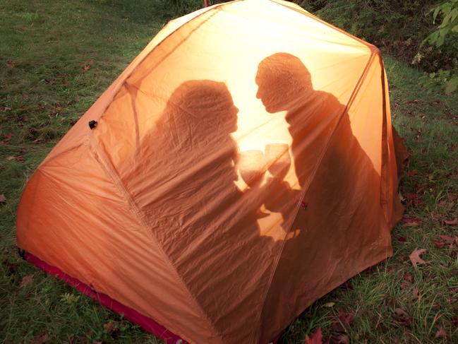 A couple camping enjoying wine and a kiss in their tent on the edge of the forest in autumn. Click to view similar images.