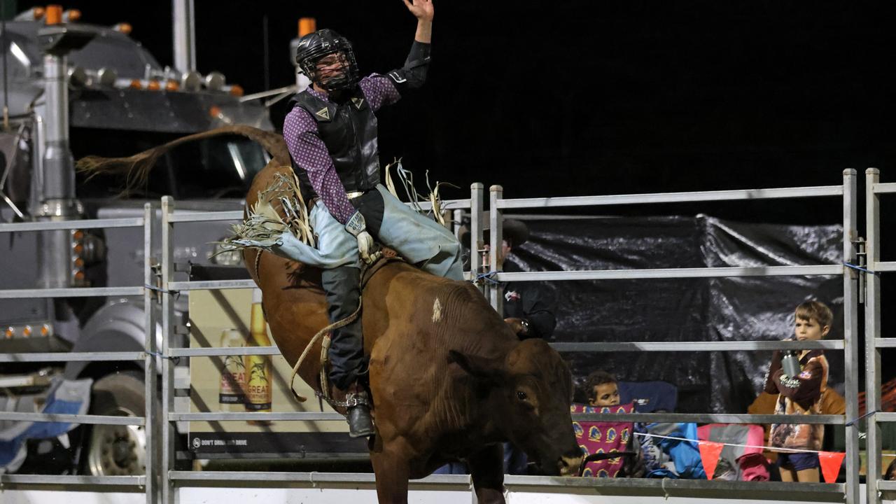 Townsville rider Dallon Finch took out the Novice Bull Ride in the Great Northern Bull riding Series at Queensland's Mossman Showgrounds, near Port Douglas, on September 28 2024. Picture: Stephen Harman