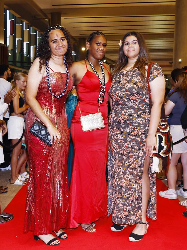 Wadona Saub, Kiara-Tai Neliman and Lilly Suli-Brock at the Trinity Bay High School formal evening, held at the Cairns Convention Centre. Picture: Brendan Radke