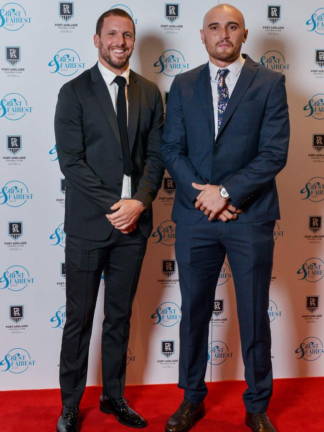 Travis Boak and Sam Powell-Pepper at the Port Adelaide best-and-fairest. Picture: Brenton Edwards