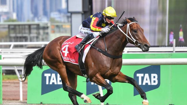 Goldrush Guru ridden by Jamie Kah wins the Victoria Derby. (Photo by Pat Scala/Racing Photos via Getty Images)