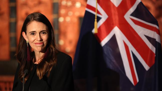 New Zealand Prime Minister Jacinda Ardern during a joint press conference with Cook Islands Prime Minister Mark Brown (not seen) at the Auckland War Memorial Museum in March. Mr Brown was the first international leader to visit NZ since the COVID-19 border closure. Picture: Getty Images