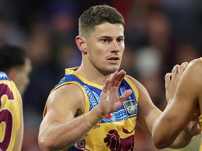ADELAIDE, AUSTRALIA - MAY 28: Dayne Zorko of the Lions celebrates a goal with Zac Bailey of the Lions during the 2023 AFL Round 11 match between the Adelaide Crows and the Brisbane Lions at Adelaide Oval on May 28, 2023 in Adelaide, Australia. (Photo by Sarah Reed/AFL Photos via Getty Images)