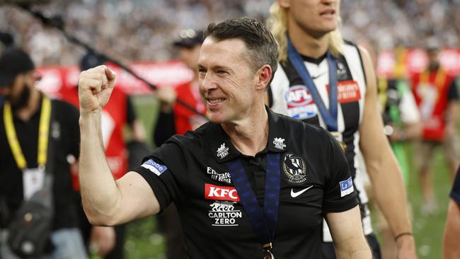 Craig McRae celebrates the Pies triumph in the 2023 grand final. Picture: Darrian Traynor/AFL Photos/via Getty Images