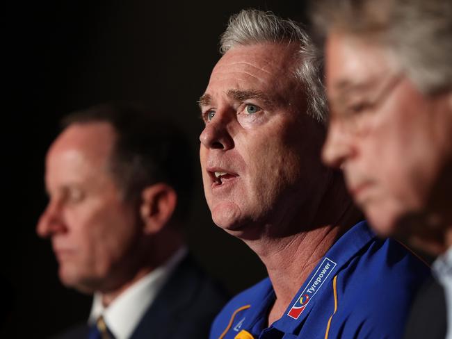 Adam Simpson speaks at his final press conference as West Coast coach. Picture: Paul Kane/Getty Images)