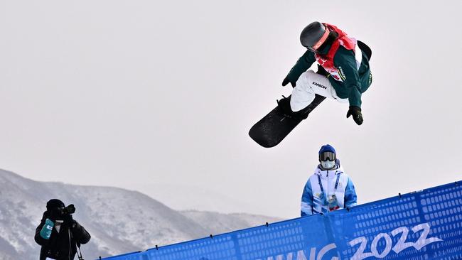 Australia's Valentino Guseli competes in the snowboard men's half-pipe qualification run.