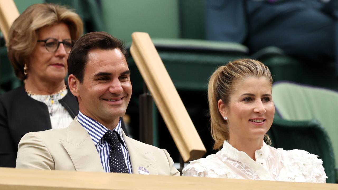 Roger Federer, with his wife Mirka, watch from the royal box during the women’s singles first round match between Shelby Rogers of the US and Elena Rybakina of Kazakhstan. Picture: Getty Images