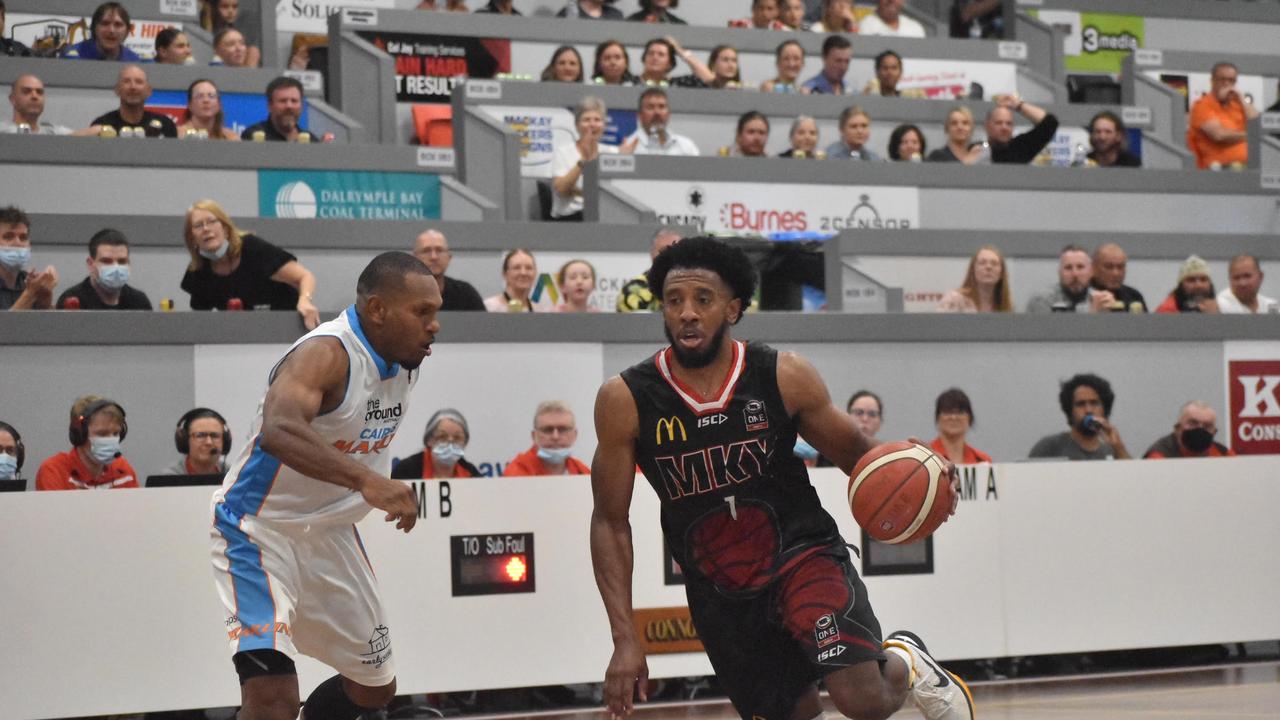 Jerron Jamerson for the Mackay Meteors in the NBL1 North grand final game one against Cairns Marlins, 10 September 2021. Picture: Matthew Forrest