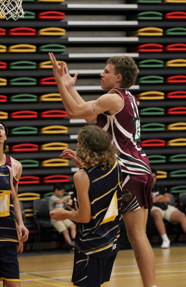Netball action at QISSN 2024 held in Townsville. (Boys) Mt Maria College v St Catherine's Catholic College