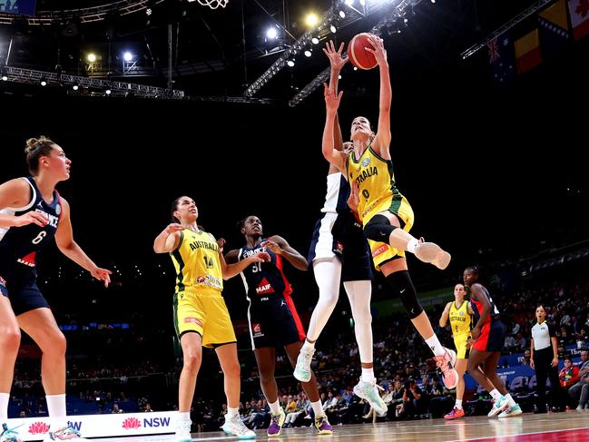 Bec Allen carried the Aussies’ scoring load. Picture: AFP