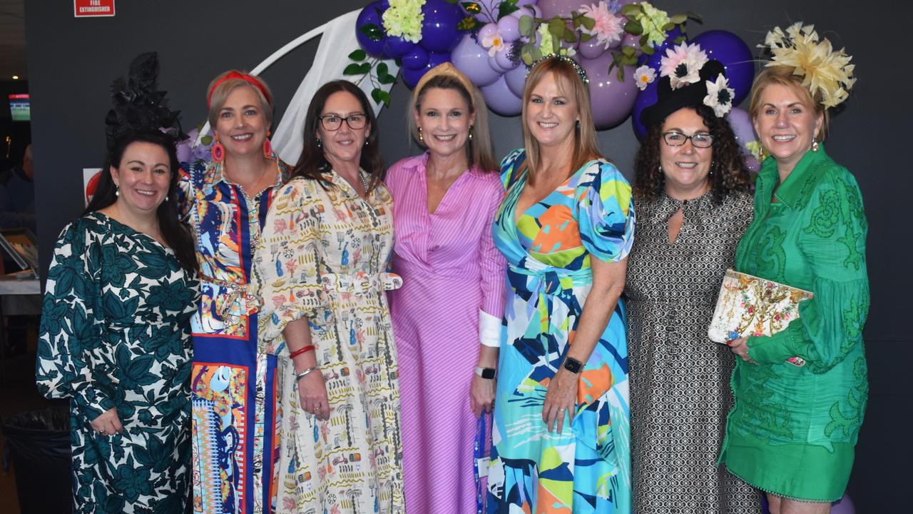 Lisa Ellis, Kate Walker, Jo Reoch, Belinda Peachey, Arlene Kirk, Sarah Cooling and Jennifer Rodgers at the Rockhampton Cup race meeting at Callaghan Park on July 13, 2024.