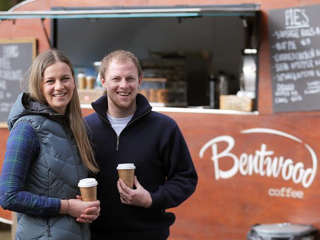 Megan McTurk and Chris Spillane, owners of Bentwood Coffee caravan at the Springs on Mt Wellington/kunanyi selling coffee