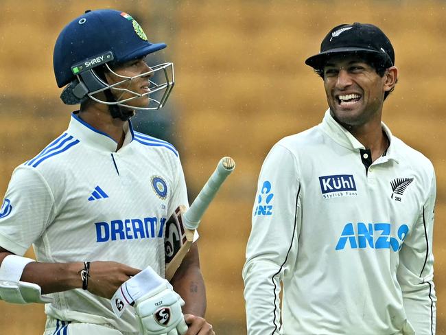 New Zealand's Rachin Ravindra (right) and India's Yashasvi Jaiswal during the second day of the first Test. Picture: AFP