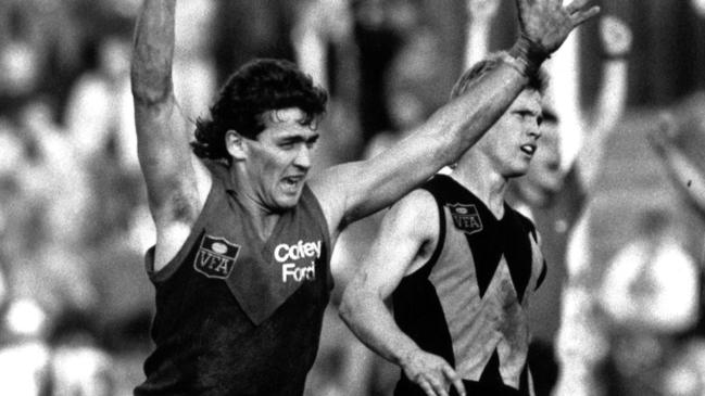 Sean Millane holds the ball aloft to signal the end of a 32-year VFA premiership drought for Dandenong in 1991