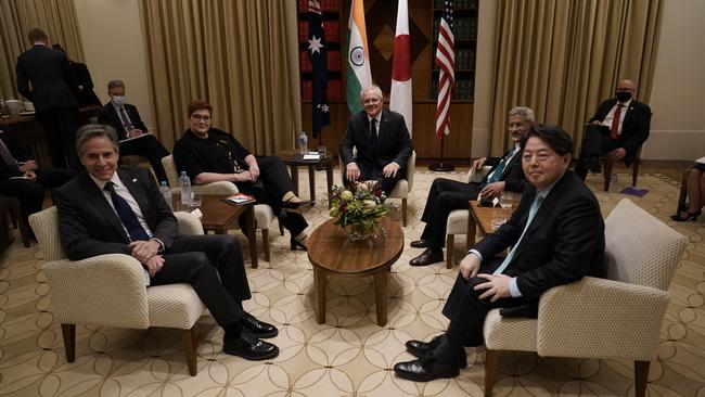 Antony Blinken, Marise Payne, Scott Morrison, Subrahmanyam Jaishankar and Yoshimasa Hayashi at the Quad meeting in Melbourne on Friday. Picture: Adam Taylor