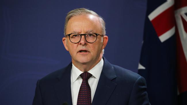 SYDNEY, AUSTRALIA: Newswire Photos: MAY 01 2024: Prime Minister Anthony Albanese is in Sydney today and addresses the media in a press conference with the Minister for Social Services, Amanda Rishworth and the Minister for Communications, Michelle Rowland. Picture: NCA Newswire / Gaye Gerard