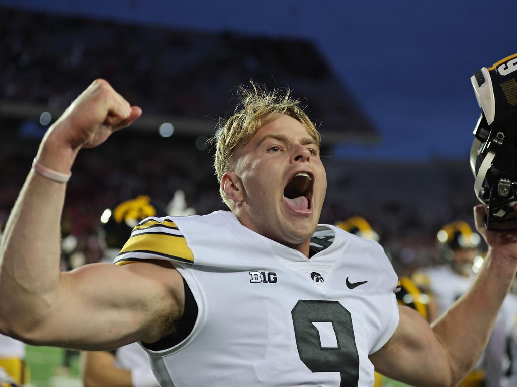 MADISON, WISCONSIN - OCTOBER 14: Tory Taylor #9 of the Iowa Hawkeyes celebrates after the Hawkeyes defeated the Wisconsin Badgers at Camp Randall Stadium on October 14, 2023 in Madison, Wisconsin. (Photo by Stacy Revere/Getty Images)