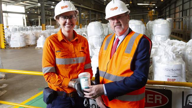 BHP previously tried to sell Nickel West but the electric car boom made it a valuable asset. The miner in July clinched a supply deal with Elon Musk’s Tesla. Pictured is BHP Nickel West asset president Jessica Farrell with WA Mines Minister Bill Johnston.