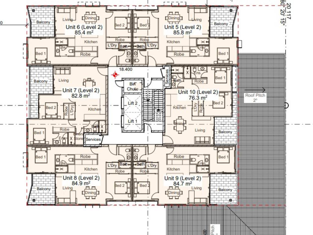 Plans for floor two, with the six apartments. Floors three, four and five are similar with the six apartments.