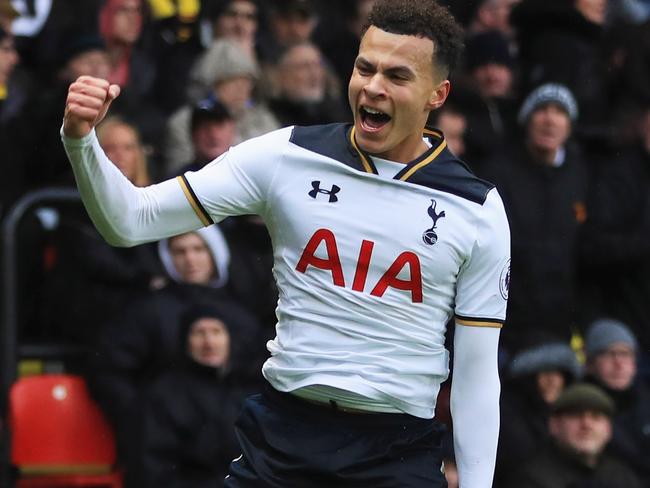 WATFORD, ENGLAND - JANUARY 01: Dele Alli of Tottenham Hotspur celebrates as he scores their third goal during the Premier League match between Watford and Tottenham Hotspur at Vicarage Road on January 1, 2017 in Watford, England. (Photo by Richard Heathcote/Getty Images) *** BESTPIX ***