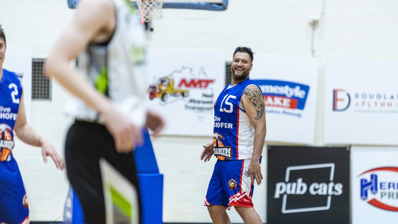 James Paringatai reacts after shooting three points for Toowoomba Mountaineers against Rip City in Queensland State League Division 1 mens basketball semi-final at USQ's Clive Berghofer Recreation Center, Saturday, July 30, 2022. Picture: Kevin Farmer