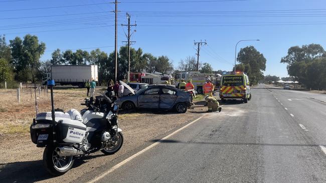 The aftermath of a crash at the intersection of Heaslip and Curtis Road, Angle Vale. Picture Jason Katsaras