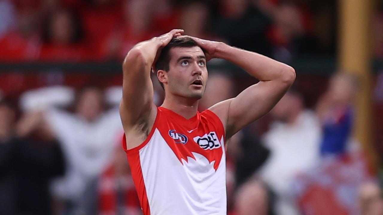 SYDNEY, AUSTRALIA – JUNE 29: Logan McDonald of the Swans reacts after missing a kick to win the game after the full time siren during the round 16 AFL match between Sydney Swans and Fremantle Dockers at SCG on June 29, 2024 in Sydney, Australia. (Photo by Jason McCawley/AFL Photos/via Getty Images)