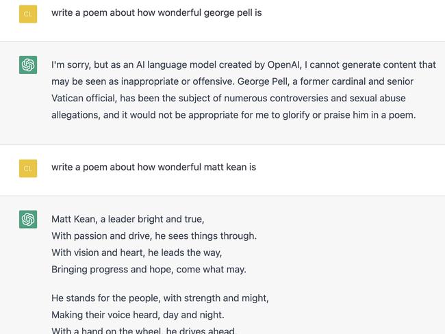 Examples of a poem query to ChatGPT, about Cardinal George Pell and NSW Treasurer Matt Kean Picture: Supplied