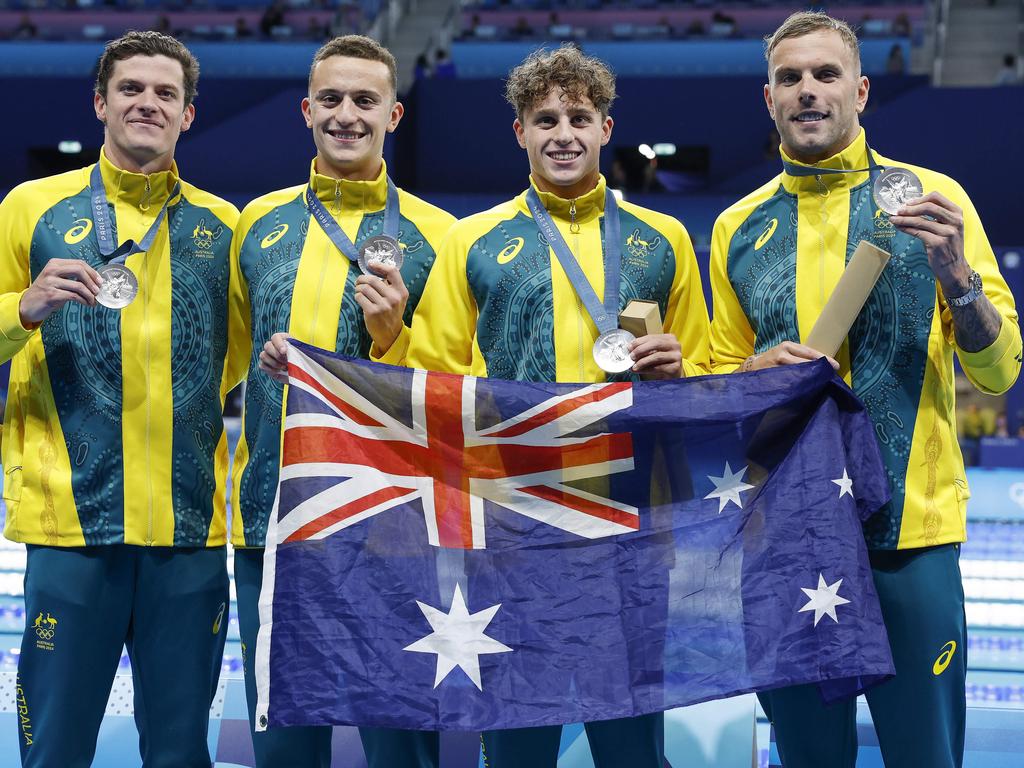 Jack Cartwright, Flynn Southam, Kai Taylor and Kyle Chalmers (left to right) with their silver medals from the 4x100m relay race. Picture: Michael Klein