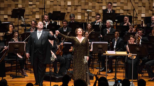 Stuart Skelton and Nina Stemme with the Tasmanian Symphony Orchestra in Tristan und Isolde in 2016. Picture: Alastair Bett.