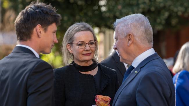 Opposition Leader Sussan Ley talks with former Nationals leader and deputy prime minister Michael McCormack at the funeral of her late mother Angela Braybrooks in Albury on Friday. Picture: Simon Dallinger/NewsWire