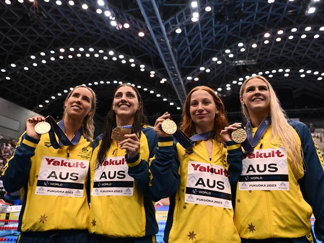 FUKUOKA, JAPAN - JULY 23: (L-R) Gold medallists Emma McKeon, Meg Harris, Mollie O'Callaghan and Shayna Jack of Team Australia pose in the medal ceremony for the Women's 4 x 100m Freestyle Relay Final on day one of the Fukuoka 2023 World Aquatics Championships at Marine Messe Fukuoka Hall A on July 23, 2023 in Fukuoka, Japan. (Photo by Quinn Rooney/Getty Images)