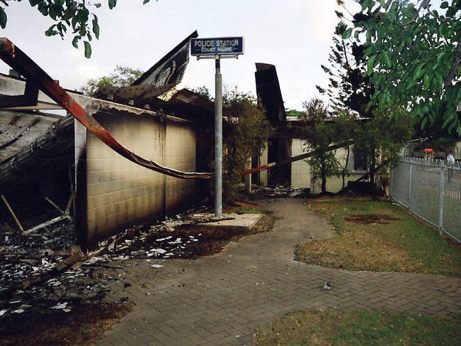 The burnt-out police station and courthouse on Palm Island following the 2004 riot. Picture: Melissa Ketchell