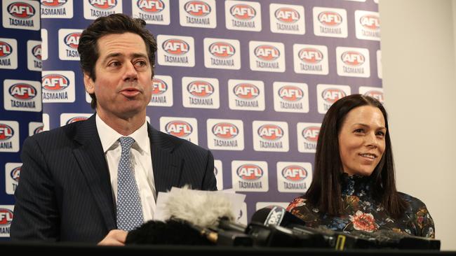 AFL CEO Gillon McLachlan and AFL Tasmania CEO Trisha Squires. Picture: LUKE BOWDEN