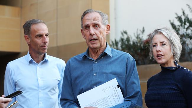 Environmentalist and former Greens leader Bob Brown speaks to the media outside the Federal Court in Hobart with Greens Senator Nick McKim and Franklin Greens MHA Rosalie Woodruff. Picture: NIKKI DAVIS-JONES