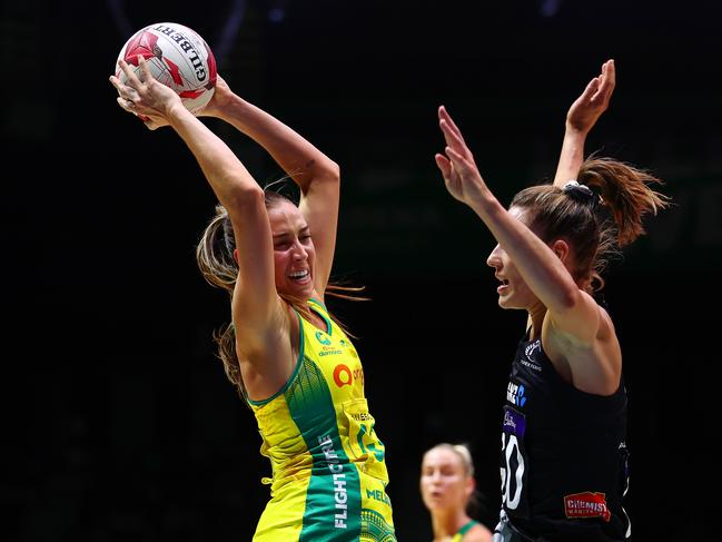 Cara Koenen wins the ball ahead of New Zealand counterpart Karin Burger. Picture: Getty Images