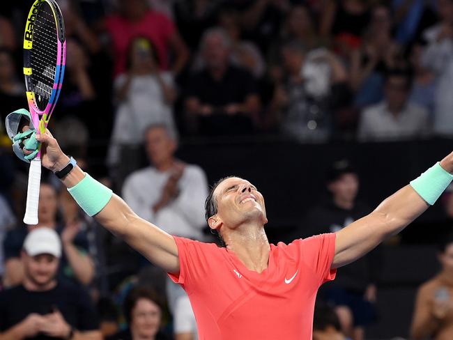 BRISBANE, AUSTRALIA - JANUARY 02: Rafael Nadal of Spain celebrates victory after his match against Dominic Thiem of Austria during day two of the  2024 Brisbane International at Queensland Tennis Centre on January 02, 2024 in Brisbane, Australia.  (Photo by Bradley Kanaris/Getty Images)