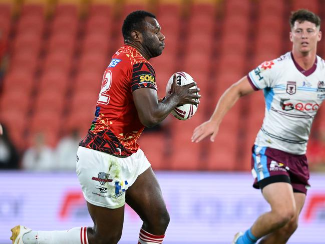 Jeremiah Simbiken in action for the Dolphins in the QCup. Picture: NRL Images