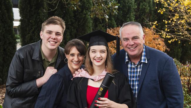 Master of Learning and Teaching graduate Emily Munro with brother Joseph, mum Dr Deborah and dad Brett Munro at a UniSQ graduation ceremony at The Empire, Tuesday, June 25, 2024. Picture: Kevin Farmer