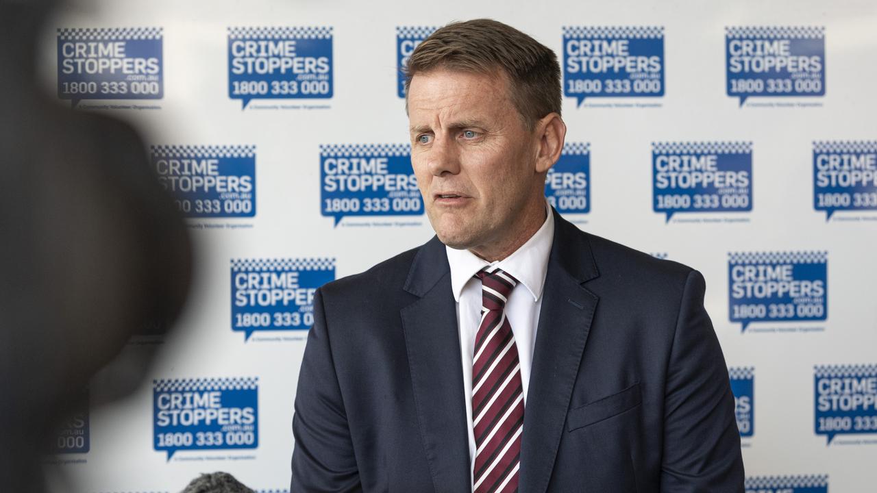 Detective Inspector Heath McQueen addresses media in relation to a homicide investigation after the death of Gatton man Jim Hill, Thursday, May 9, 2024. Picture: Kevin Farmer