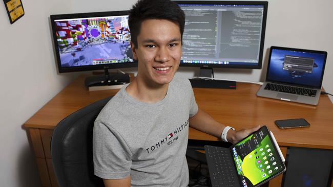 Archer Newton from Rostrevor College creates video games. Picture: Emma Brasier/AAP