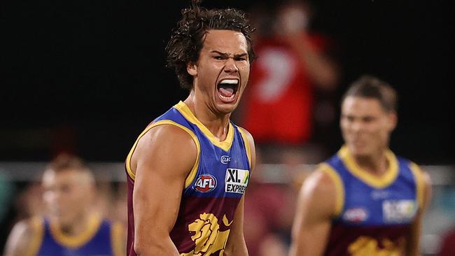 Cam Rayner celebrates his bi goal in the second quarter. Picture: Michael Klein