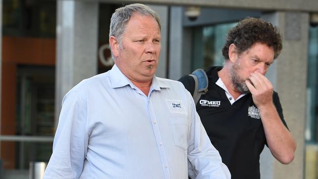 22/4/16 CFMEU State Secretary Aaron Cartledge and unionist Dave Kirner outside Federal Court. CFMEU SA officials will be penalised by the Federal Court for illegal entry and industrial action on SA building sites.