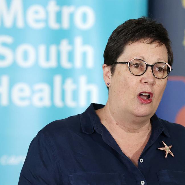 One of the newly appointed Deputy Chief Health Officers, Dr Lynne McKinlay, during a press conference about the ‘Super Pfizer Weekend Vaccination Hub’ at the Brisbane Convention and Exhibition Centre in South Brisbane on Sunday. Picture: Liam Kidston