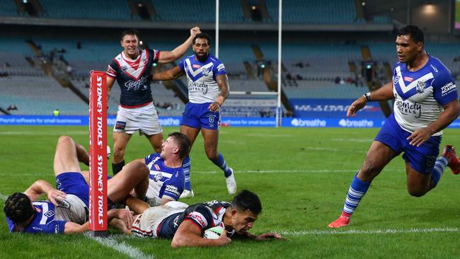 Joseph Suaalii appeared to score in the dying minutes to win the game, but his foot just went into touch. Picture: Getty Images.