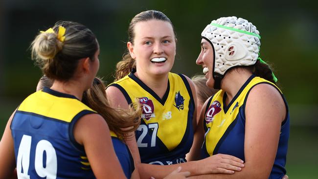 Kendra Blattman celebrates a goal. QAFLW Bond vs Southport. Picture: Chris Hyde