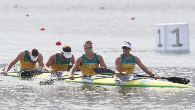 Australia's Ken Wallace, Riley Fitzsimmons, Jacob Clear and Jordan Wood finished fourth in the K4-1000m. Picture: Brett Costello