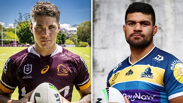 Broncos young gun Reece Walsh (left) and Titans forward David Fifita.